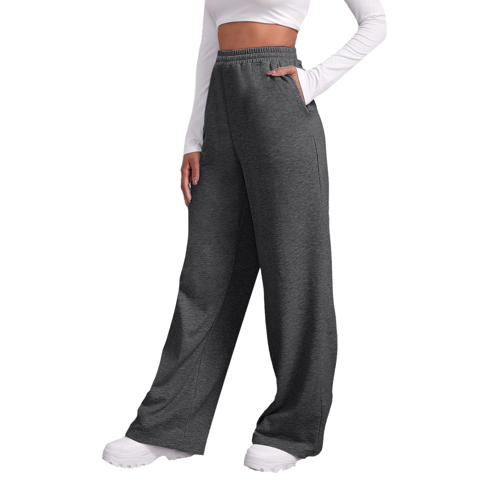 thumbnail image 1 of Pantalones de chándal con forro polar para mujer: cintura alta, pierna ancha y bolsillos; poliéster ligero para primavera/otoño; diseño con lazo delantero; informal/trabajo/yoga; tallas S-XXL., 1 of 7